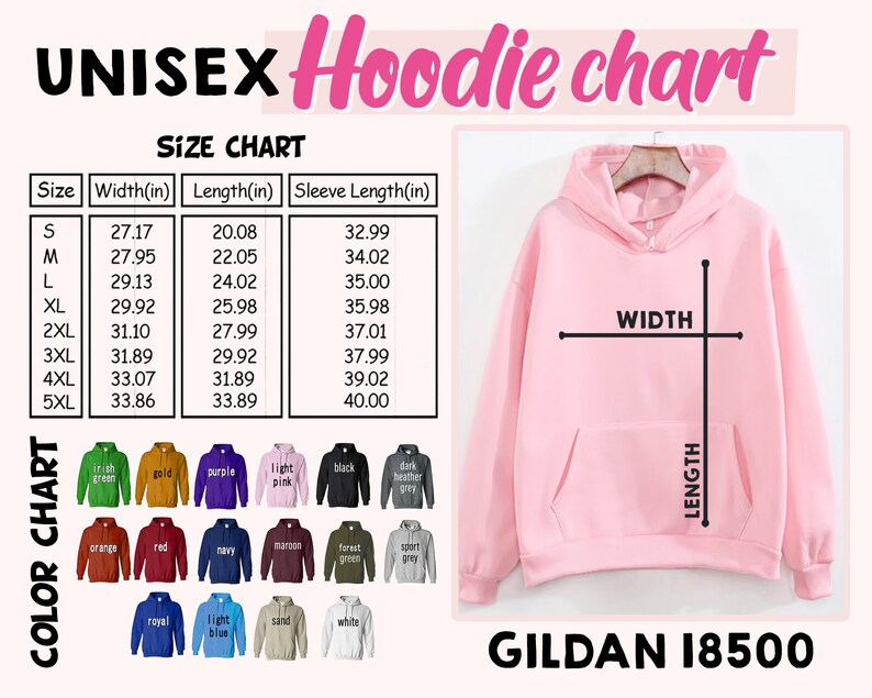 a pink hoodie with the size chart for it