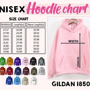 a pink hoodie with the size chart for it