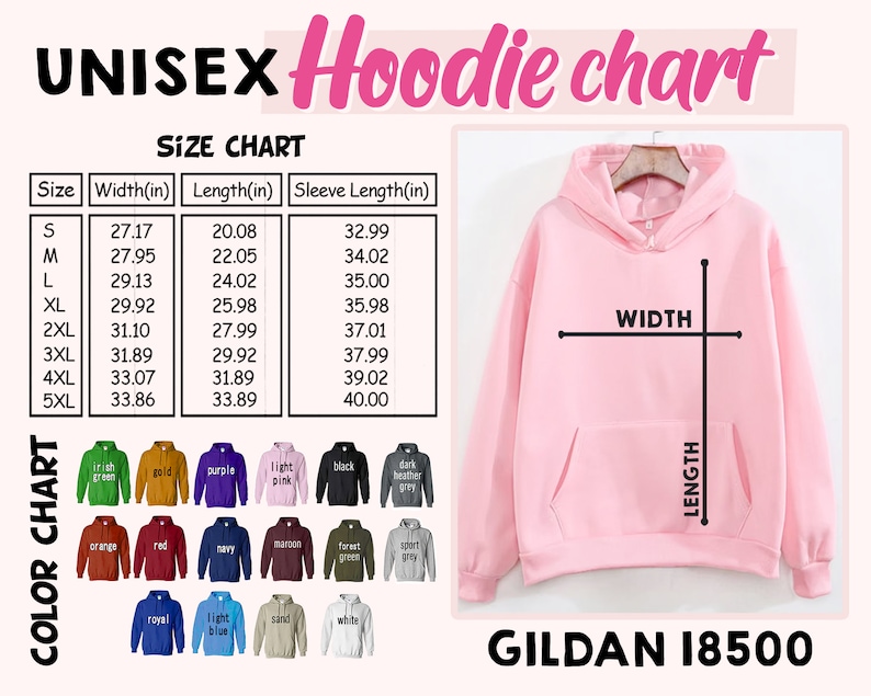 a pink hoodie with the size chart for it