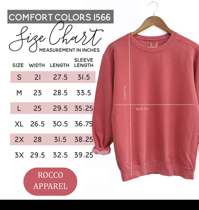 a pink sweatshirt with measurements for a women's size chart