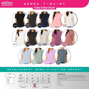 Op de afbeelding: Een maattabel voor dames T-shirts in verschillende kleuren, waaronder zwart, donkergrijs, marine, roze, vintage wit, wit, heather cool grey, heather magenta, heather mauve, heather dusty blue, heather slate en heather prism. De tabel toont de breedte en lengte in inches voor de maten S, M, L, XL en 2XL.