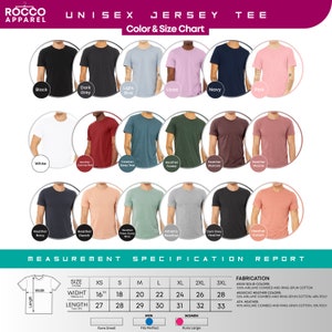 Op de afbeelding: Unisex jersey t-shirt maattabel met kleur opties. De tabel toont de verschillende kleuren die beschikbaar zijn voor het t-shirt, waaronder zwart, donkergrijs, lichtblauw, lila, marineblauw, roze, wit, canvas rood, heather deep teal, heather forest, heather maroon, heather mauve, heather navy, heather peach, prism dusty blue, athletic heather, dark grey heather, en heather sunset. De tabel bevat ook de maat opties voor het t-shirt, die XS, S, M, L, XL, 2XL, en 3XL zijn. De tabel bevat ook de metingen voor de breedte en lengte van het t-shirt in inches.