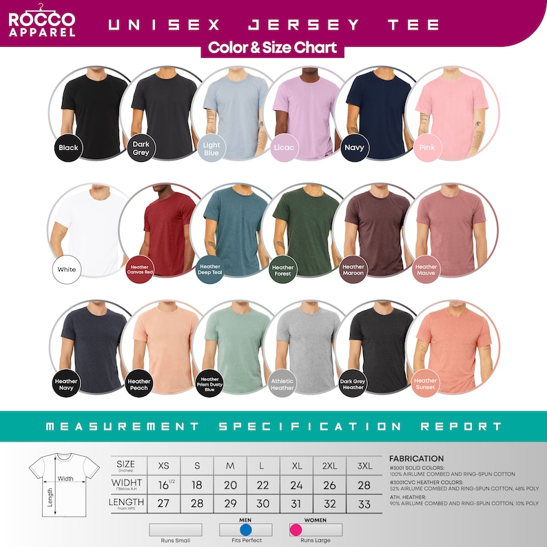 Op de afbeelding: Unisex jersey t-shirt maattabel met kleur opties. De tabel toont de verschillende kleuren die beschikbaar zijn voor het t-shirt, waaronder zwart, donkergrijs, lichtblauw, lila, marineblauw, roze, wit, canvas rood, heather deep teal, heather forest, heather maroon, heather mauve, heather navy, heather peach, prism dusty blue, athletic heather, dark grey heather, en heather sunset. De tabel bevat ook de maat opties voor het t-shirt, die XS, S, M, L, XL, 2XL, en 3XL zijn. De tabel bevat ook de metingen voor de breedte en lengte van het t-shirt in inches.