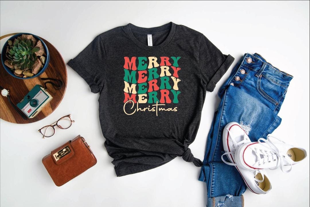 Merry Merry Merry Merry Christmas Shirt, Retro, Vintage Shirts, Christmas Girly TShirts, Christmas Gift Tee, Gift for Women, Santa Claus