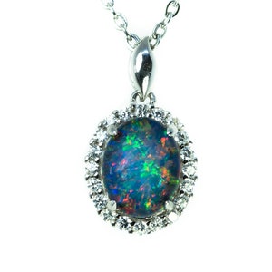 Australian Triplet Opal Necklace: 925 Sterling Silver, White Gold Plated, Halo Cluster Design
