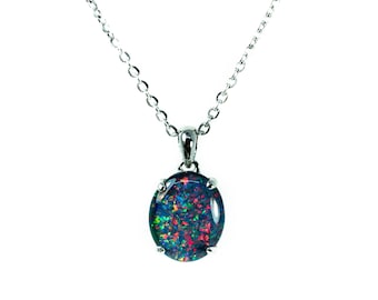 Australian Triplet Opal Necklace: 925 Sterling Silver White Gold Plated, Simple Oval Design