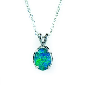 Australia Triplet Opal - Dainty Genuine Australian Triplet Opal Necklace Pendant in 925 Sterling Silver White Gold-Plated Women Jewelry