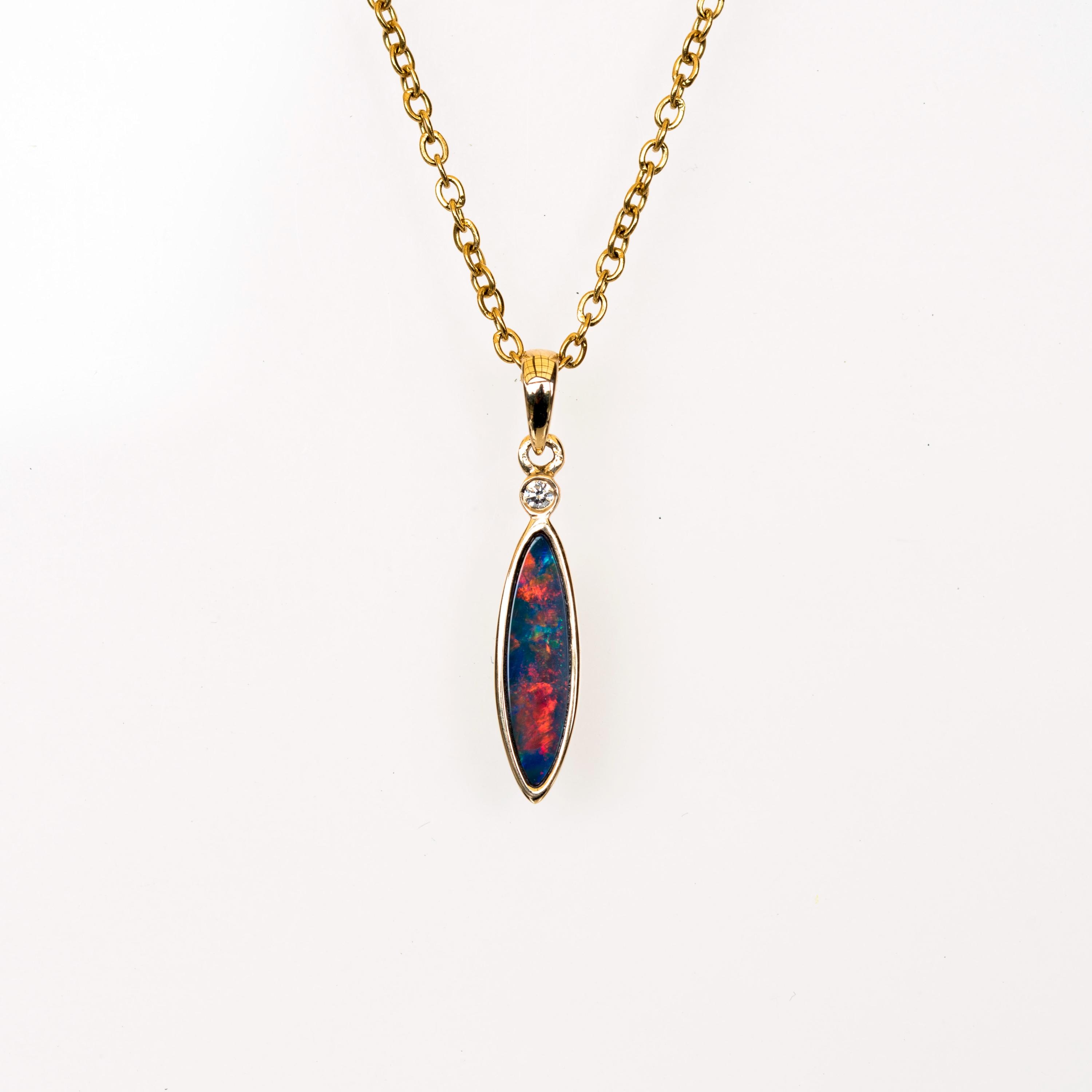 14K Gold Australian Opal Necklace: Multi-Color Fire Opal Doublet Pendant, Multi Color Gem Stone