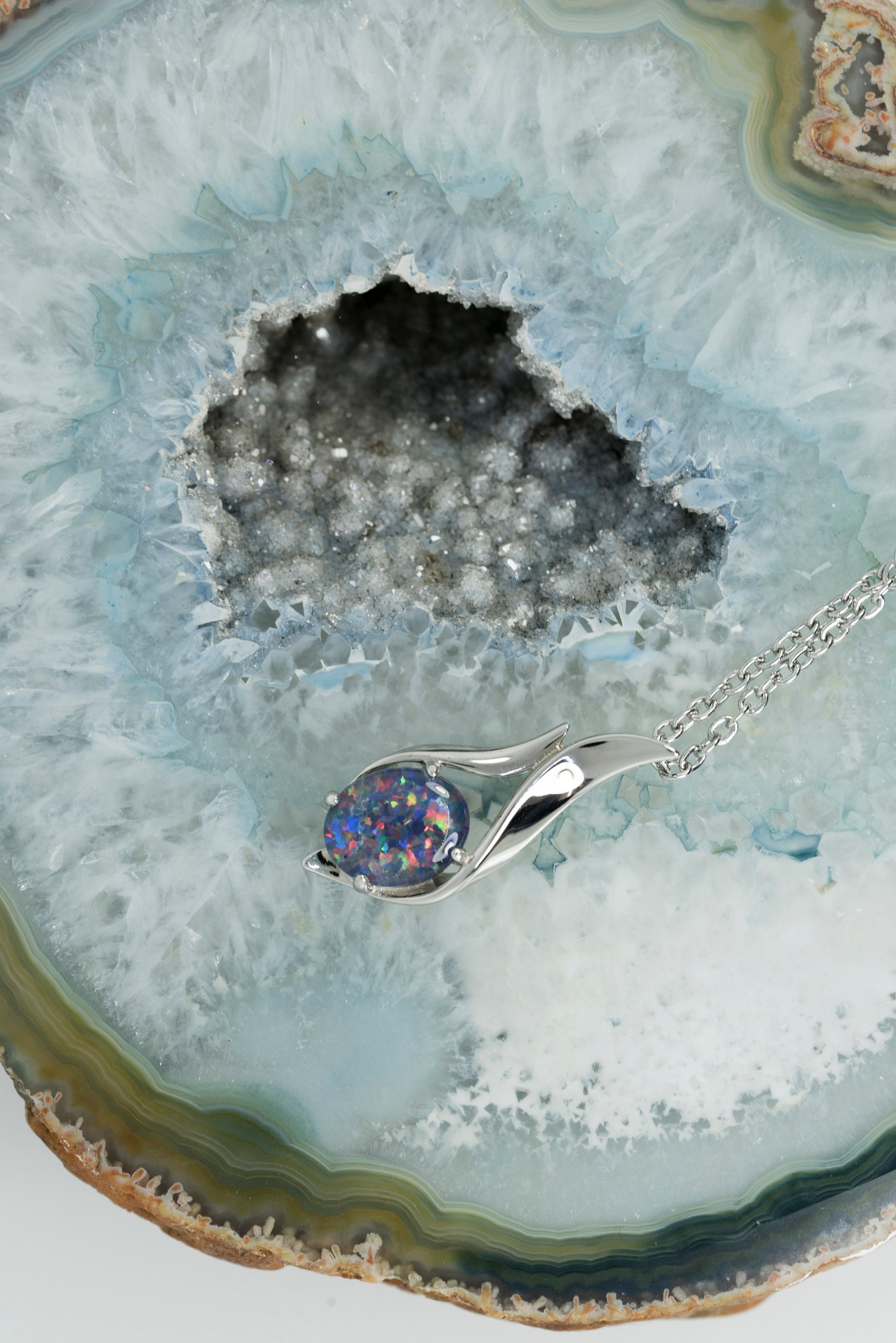 Genuine Australian Triplet Opal Pendant – Sterling Silver White Gold Plated Necklace