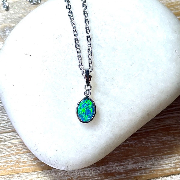 14K Solid White Gold Australia Opal Necklace - Dainty Genuine Australian Boulder Doublet Opal Necklace Pendant - Deep Green Blue Fire Opal