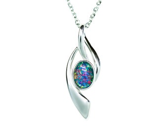 Australia Triplet Opal Necklace - Genuine  Australian Triplet Opal Necklace Pendant in 925 Sterling Silver White Gold Plated Women Jewelry