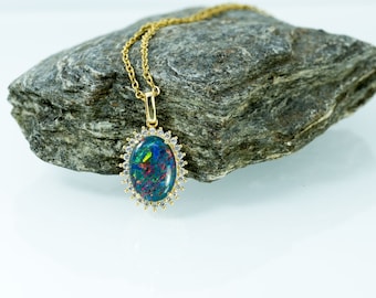 Large Australian Triplet Opal Necklace: 925 Sterling Silver Yellow Gold Plated Pendant