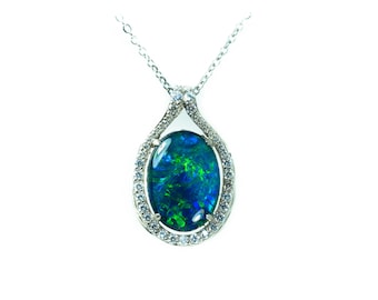 Large Australian Triplet Opal Necklace: 925 Sterling Silver Pendant with White Gold Plating