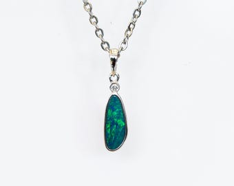 Dainty Australian Boulder Opal Necklace: 14K White Gold Pendant