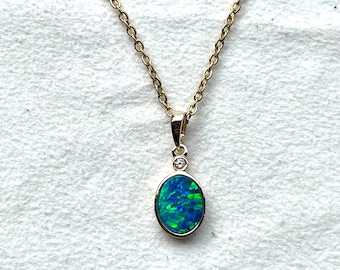 14K Gold Australian Opal Necklace: Green Blue Doublet Pendant