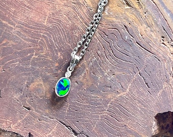 14K White Gold Australian Opal Necklace: Green/Blue Doublet Pendant