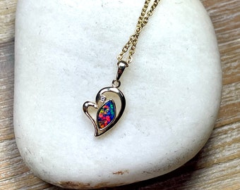 14K Gold Australian Opal Necklace: Doublet Fire Opal Pendant, Multi Color Gem Stone