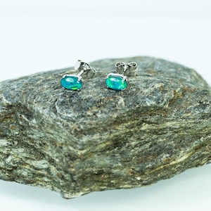 Australian Triplet Opal Earrings: Dainty 6x4mm Silver Earrings, White Gold Plating