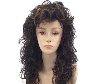 PREMIUM QUALITY Long Curly Wavy 1980's Fashion Wig - Black w/ Dark Auburn Highlights H1B/33