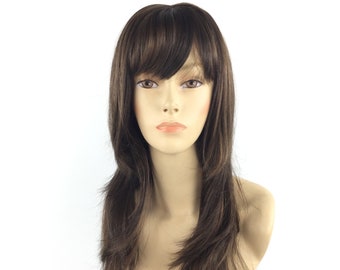 Layered HIGH Quality Brown/Auburn Highlight Natural Fashion Long Wig w/ Bangs