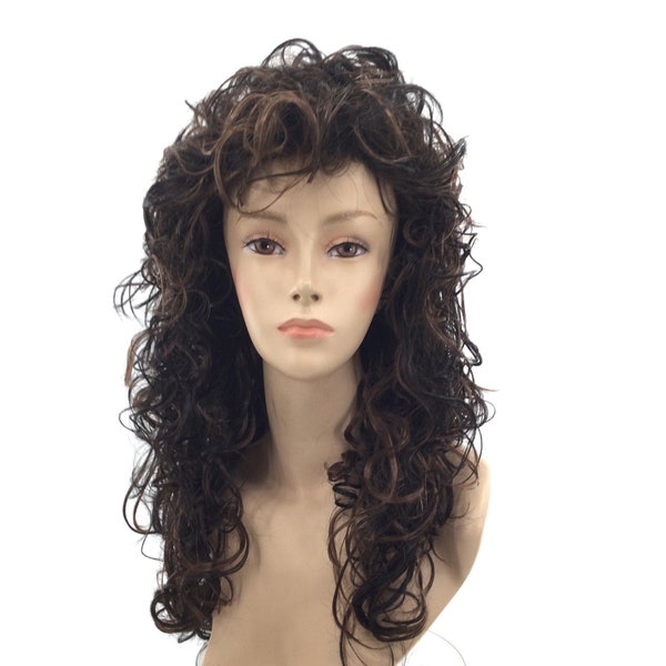 PREMIUM QUALITY Long Curly Wavy 1980's Fashion Wig - Black w/ Dark Auburn Highlights H1B/33