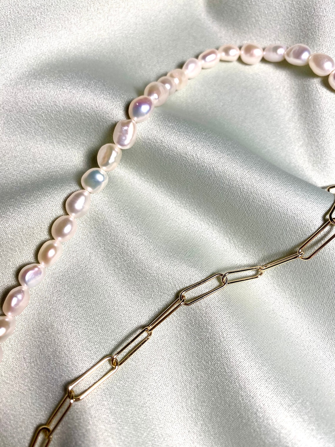 Half Pearl Half 14K Gold Chain Necklace Half Freshwater Etsy