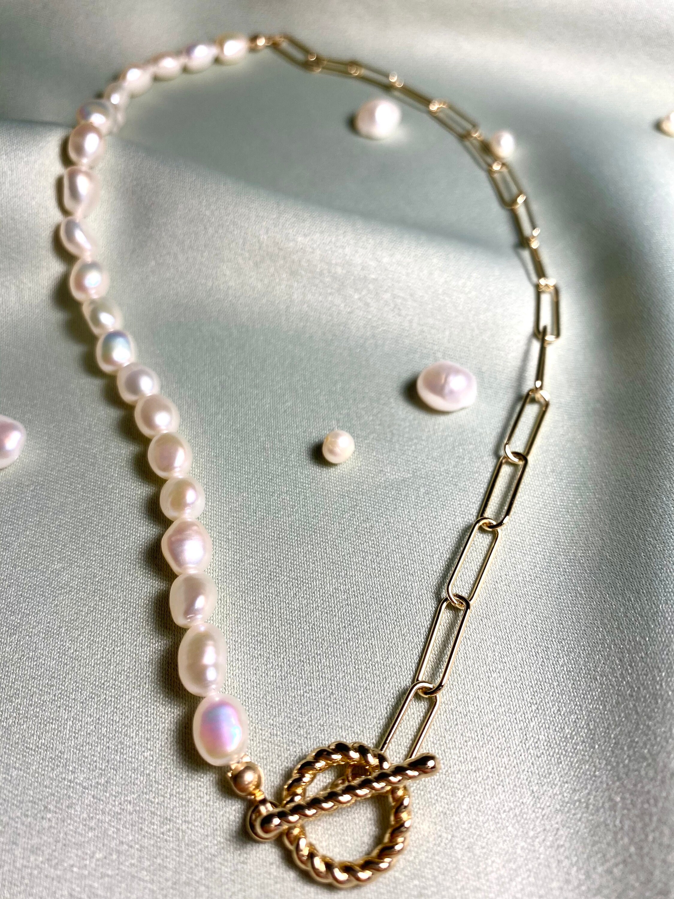 Half Pearl Half 14K Gold Chain Necklace Half Freshwater Etsy