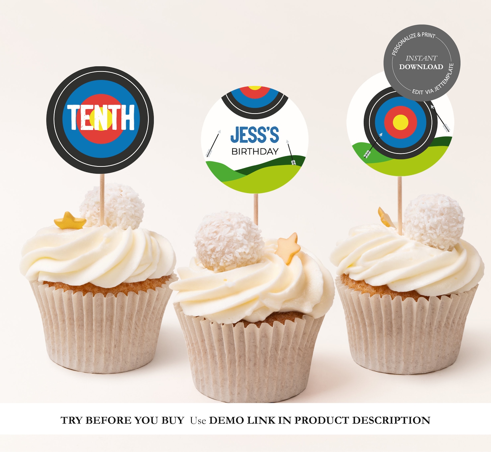 Archery Birthday Cupcake Toppers, Outdoor Shooting Party Decorations