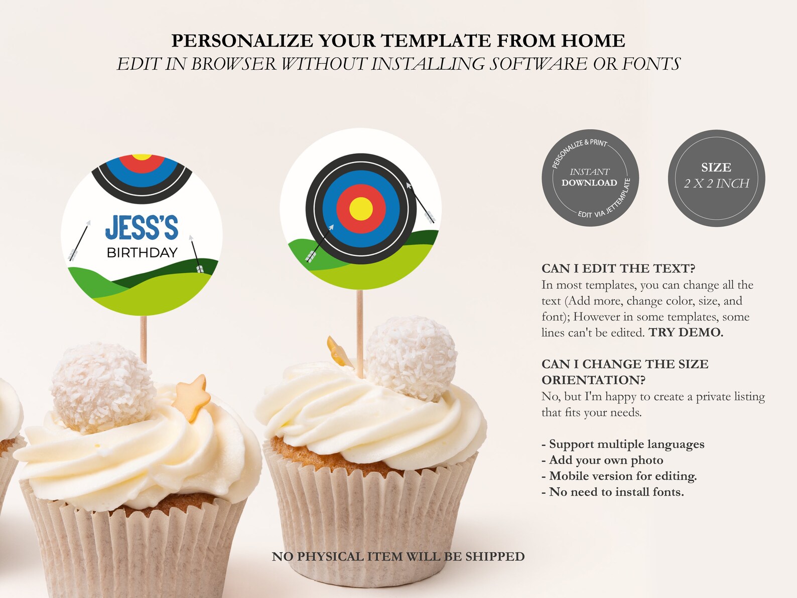 Archery Birthday Cupcake Toppers, Outdoor Shooting Party Decorations