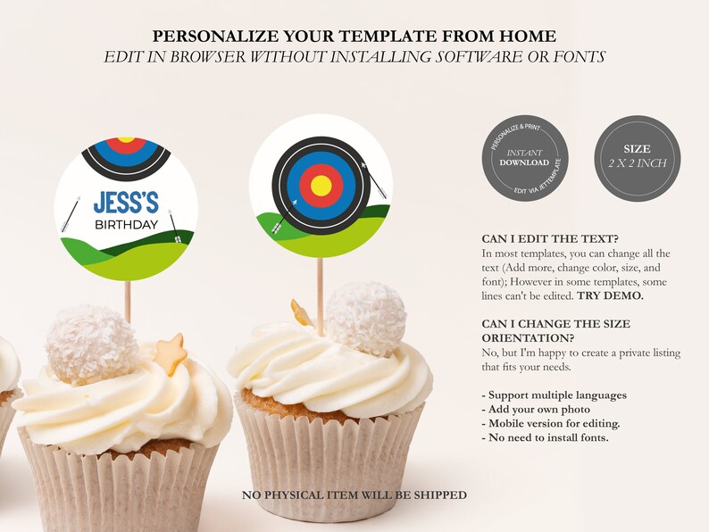 Archery Birthday Cupcake Toppers, Outdoor Shooting Party Decorations