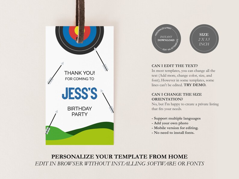 Archery Birthday Thank You Tags Outdoor Shooting Party Favor Etsy