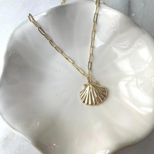 Gold Scallop Shell Necklace: Dainty Paperclip Chain, Beach Jewelry