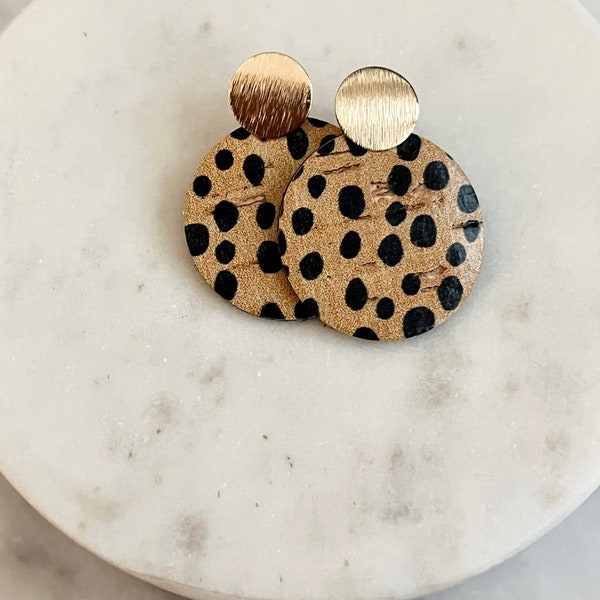 Cheetah Print Earrings • Cork on Leather Circle • Lightweight • Animal Print • Nickel-Safe • Brushed Gold Posts