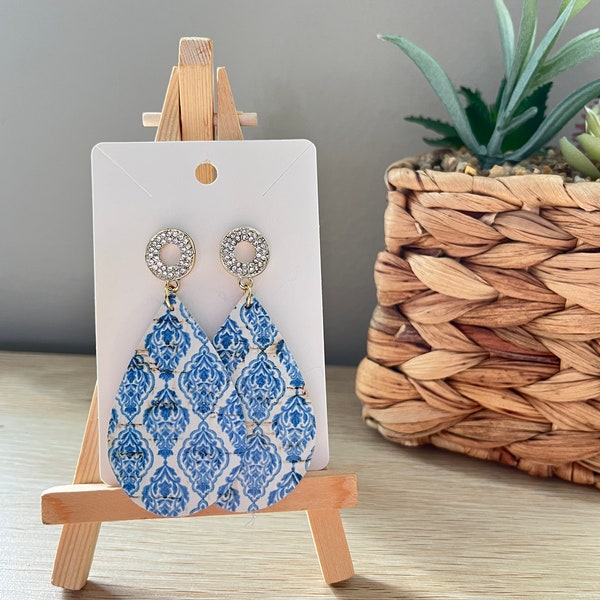 Blue and White - Teardrop Earrings - Handmade - Tile Print- China Pattern- Sparkle Circle Posts- Cork on Leather