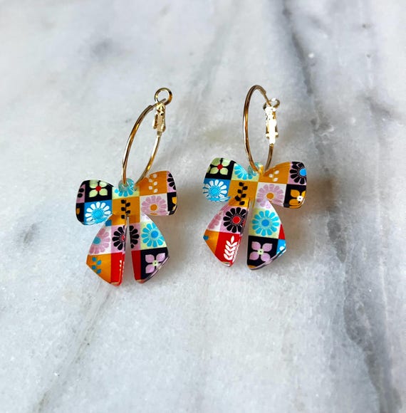 Floral Bow Earrings on Gold Hoops: Folk Art Acrylic Jewelry