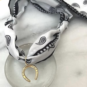 Horseshoe Scarf Necklace- Paisley Print with Gold Charm - Multiple Colors Available