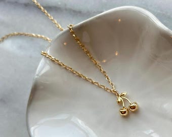 18k Gold Plated Cherry Charm Necklace - Delicate Heart Link Chain - Dainty and Lightweight