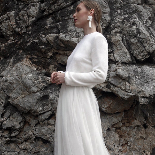 Pull de mariage en laine, haut de mariée tricoté pour les mariages d'hiver, robe de mariée simple en deux pièces à manches longues - Haut Poppy