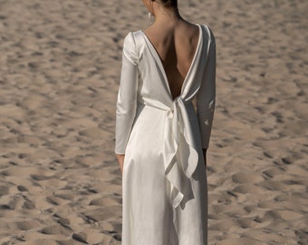 Vestido de novia sencillo con manga larga, vestido de novia de raso con escote barco y espalda descubierta, boda de invierno - Vestido Clover