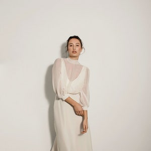 Silk chiffon wedding dress with long sleeves, Simple, elegant, tea-length wedding dress perfect for autumn weddings - Amaryllis Dress
