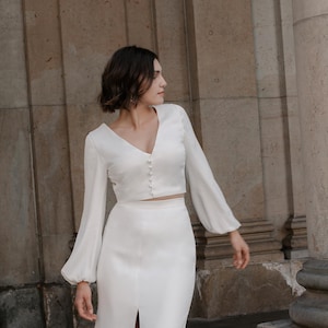 Satin wedding top with long bishop sleeves and buttons, Non-traditional bridal crop top with v neck keyhole back  -  Celsia Top