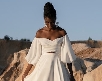 Off the shoulder, satin wedding top, Modern wedding dress top with puffy sleeves and sweetheart neckline, Bridal crop top  -  Senna Top