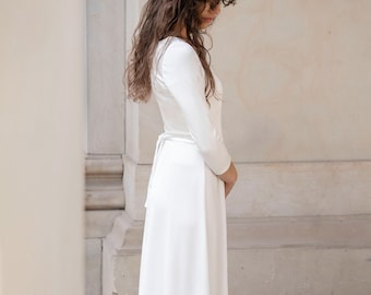 Robe de mariée courte en soie, simple, longueur mollet, robe de mariée à manches longues, robe d'état civil fluide, mariage d'hiver - Robe Daphné