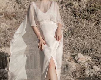 Mantello da sposa in seta, giacca da sposa per matrimonio, bolero per abito da sposa, mantello da sposa semplice realizzato in chiffon di seta - Mina Cape