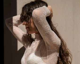 Sheer lace wedding top with high neckline, Bridal top with long sleeves made of Chantilly lace - Kerria Top