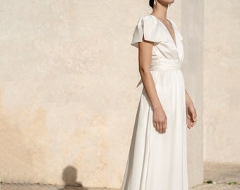 Midi satin wedding dress with bows and deep v-necklines, elegant courthouse bridal dress - Chrysa Dress