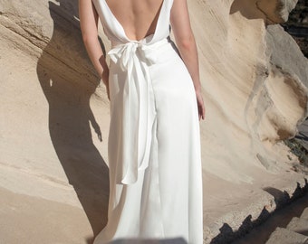 Two-piece satin wedding dress, Simple, elegant, backless wedding dress, Modern beach wedding  - Carline & Senna Two-piece