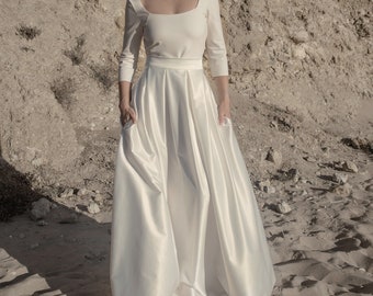 Wedding skirt with pockets, Simple bridal skirt with folds, Elegant 2 piece bridal separates - Linum Skirt