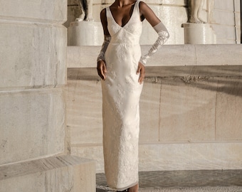 Bodycon kanten trouwjurk met V-hals, vintage geïnspireerde trouwjurk met diepe rug - Viola Dress