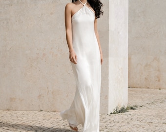 Silk chiffon wedding dress with low back, Simple, bohemian bridal gown with grecian neckline - Zivia Dress